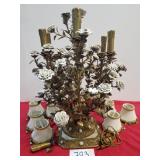 Large Brass and Porcelain Flower Candelabra Lamp