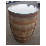 Weathered Bourbon Whiskey Barrel Table w/Glass Top Weathered Bourbon Whiskey Barrel Table w/Glass Top