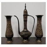 Vintage Blackened Brass Ewer & 2 Vases with Gold F
