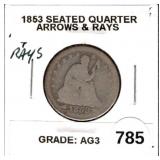 1853 Seated Liberty Quarter Arrows and Rays AG3