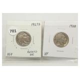 1927-D(VG+ Rotated Die)/1928(VF) Buffalo Nickels