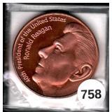 Copper Ronald Reagan Round, 1 avdp oz .999 Copper