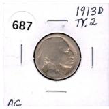 1913-D Type 2 Buffalo Nickel AG