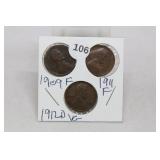 (3) Lincoln Cents 1909/1911/1912-d