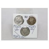 (3) Mercury Dimes  1925-s/1925-d/1926-s