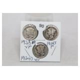 (3) Mercury Dimes 1923 F/1924-d VG/1924-s F