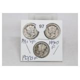 (3) Mercury Dimes 1927-s/1930-s/1931