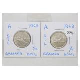 (2) Silver 1968 Canadian Quarters