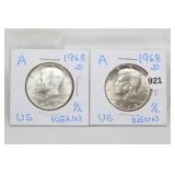 (2) 1968-d UNC Silver Kennedy Half Dollars