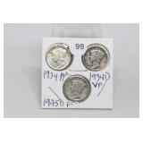 (3) Mercury Dimes 1925-d/1934/1934-d