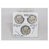 (3) Mercury Dimes 1935-d/1938/1938-d