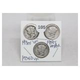 (3) Mercury Dimes 1930-s/1934-d/1939-s