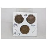 (3) Indian Head Cents 1891/1904/1908