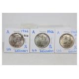(3) 1966 UNC Silver Kennedy Half Dollars