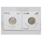 (2) Silver Mercury Dimes 1938/1939-d