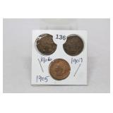 (3) Indian Head Cents 1905/1906/1907