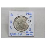 1934 J Silver German 5 Reichsmark