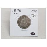 1876-cc Seated Liberty Quarter F
