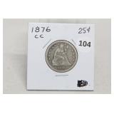 1876-cc Seated Liberty Quarter F