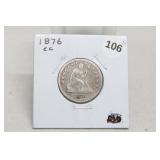 1876-cc Seated Liberty Quarter F