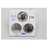 (2) Silver Roosevelt Dimes, 1964 BU and 1965 SMS