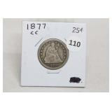 1877-cc Seated Liberty Quarter F