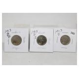 (3) Buffalo Nickels - 1913 type 1, 1913-d T -1,