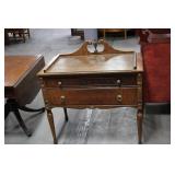 Antique Wood Side Table, 2 Drawer with Glass Top