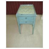 VINTAGE WOOD TWO DRAWER TABLE WITH GLASS TOP