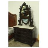 Antique Wood 4 Drawer Chest of Drawers with Mirror