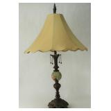 Gold Tone Lamp w/ Marble Ball and Camel Silk Shade