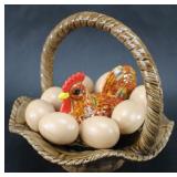 CERAMIC CHICKEN WITH EGGS IN BASKET DECOR