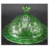 VINTAGE URANIUM GLASS COVERED ROUND BUTTER DISH