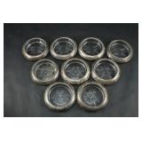 Set of 9 Sterling Silver and Glass Coasters