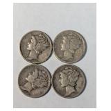 Four US Silver Mercury Dimes