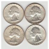Four US 1964 Silver Washington Quarters