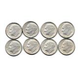 Eight US   Silver 1964D Roosevelt Dimes