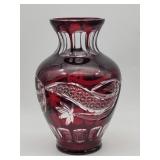 Large Ruby Red Cut to Clear Flower Vase