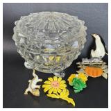 Fostoria Cubist Trinket Box w/ Enamel Brooches