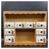 Vintage Wood Spice Rack w/ Porcelain Drawers ,