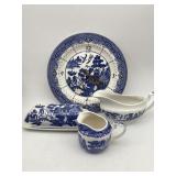 BLUE WILLOW CLOCK, BUTTER DISH, GRAVY BOAT &
