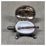 Vintage Silver Plated Turtle Pill Box w/ Tongs