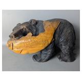 Signed Wooden Bear Sculpture with Fish, Vintage
