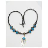 STERLING SILVER FEATHER TURQUOISE NECKLACE 20'