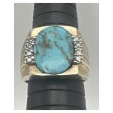 10K Y Gold, Turquoise & Diamonds Ring 10.5g