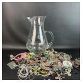 Etched Glass Pitcher w/ Costume Jewelry