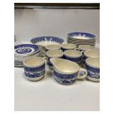 BLUE WILLOW BOWLS, CUPS, SAUCERS & CREAMER