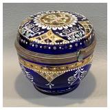Cobalt Blue Bohemian Enamel Painted Vanity Jar /