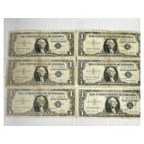 6 ONE DOLLAR SILVER CERTIFICATES ALL SERIES 1957B