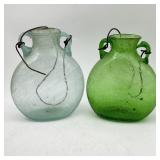 2 Art Glass Hand Blown Vases Blue & Green